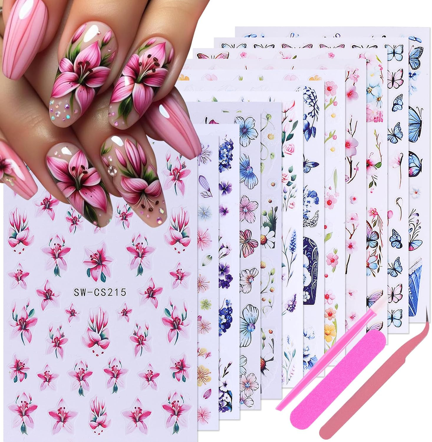 Flower Stickers for Nail Art Decals – 12 Sheets Spring Butterfly Nail Stickers w