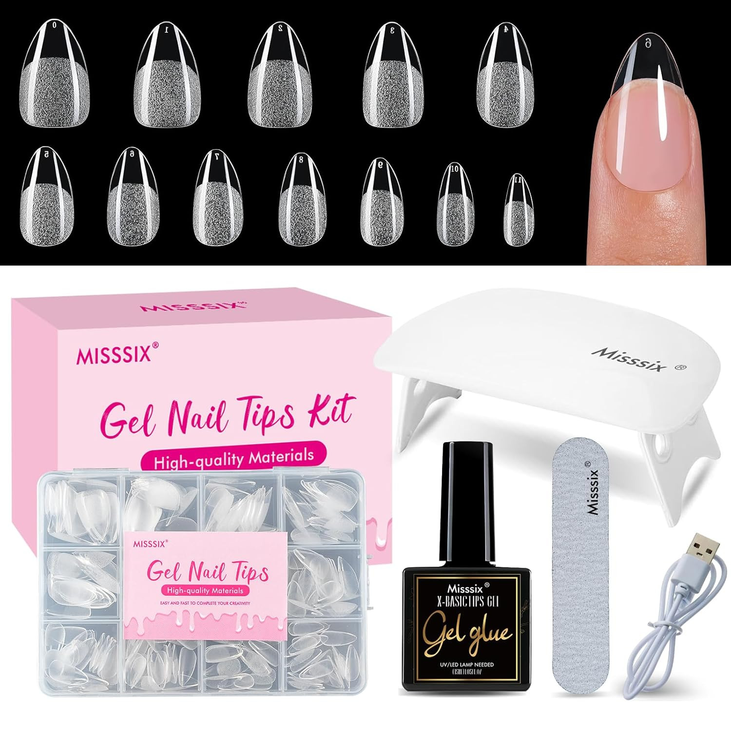 Short Almond Gel Nail Tips Kit, 216Pcs Pre Etched Clear Fake Nails, Full Cover F