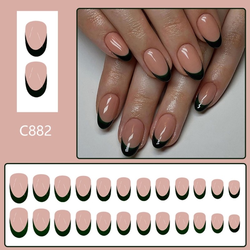 Green Black Press On Nail French Tip Almond False Nail Glues on Nail for Womens