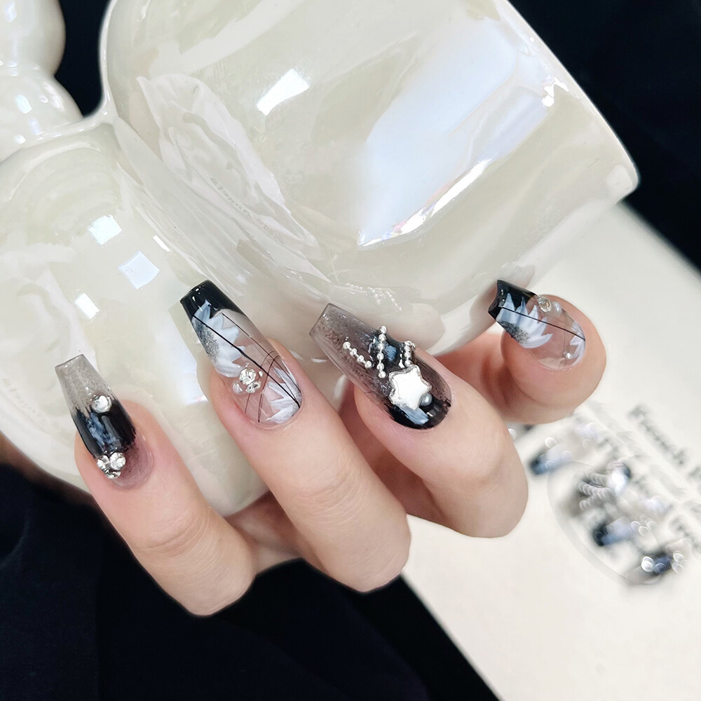 Handmade Press On Nails Medium Coffin,Black nail art,diamonds,Hand Drawn Flowers