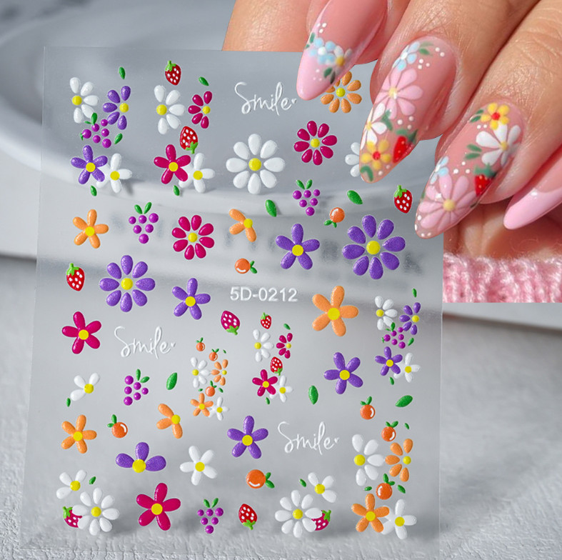5D Embossed Nail Stickers Daisy Heart Flower Bow Engraved Adhesive Peel NH27