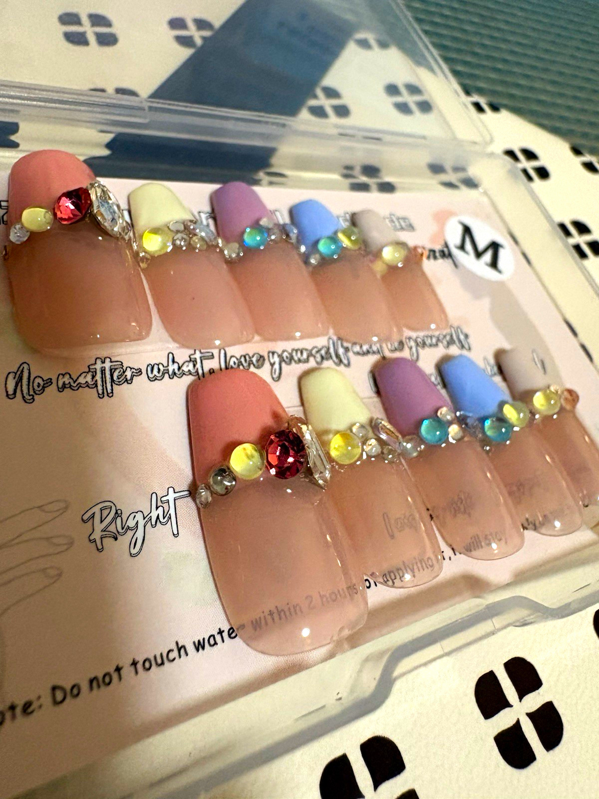 Press-On Nails Square Nude/Pink/White/Purple/Blue 3D Rhinestone Full Cover M