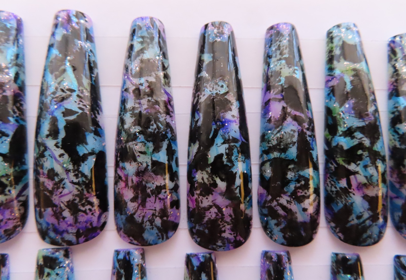 XL Purple Blue Green Black Ink Splatter Glitter Coffin Press On Nails