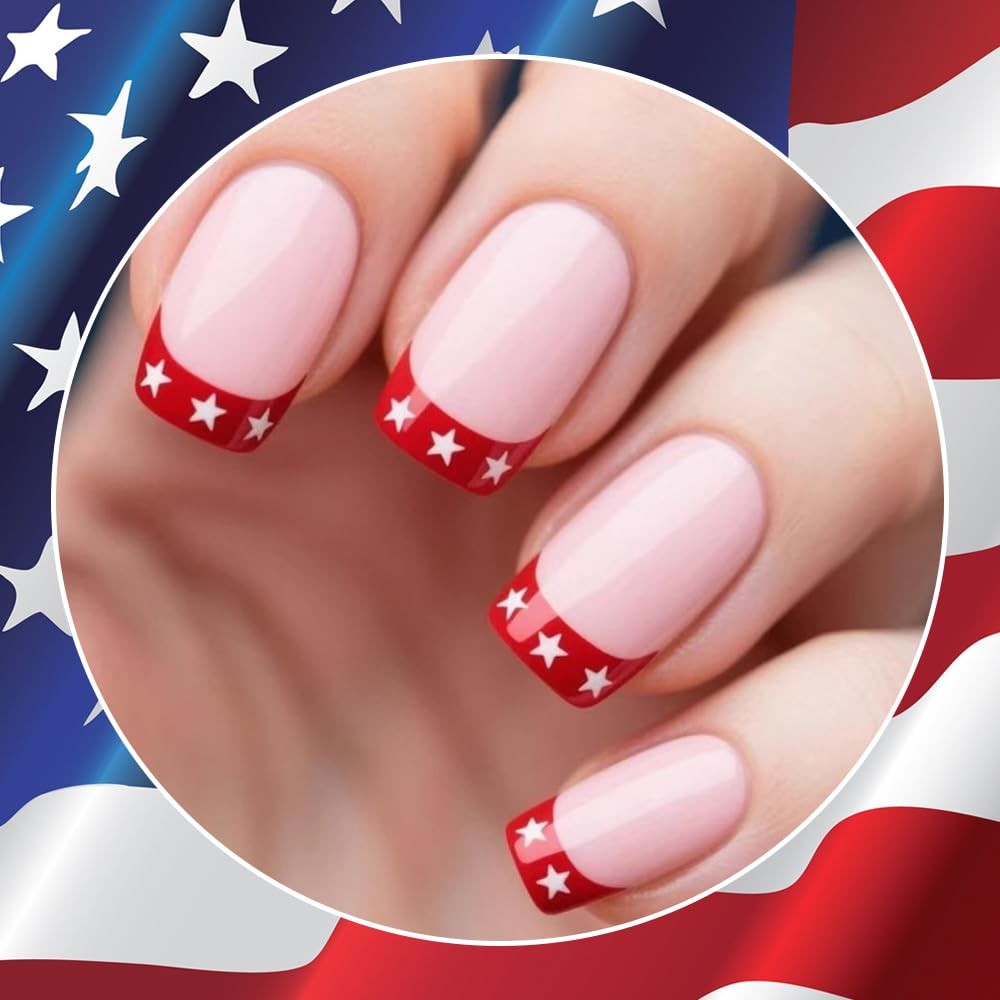 24Pcs 4th of July Press on Nails Short Fake Nails Red French Tip Nails Indepe…