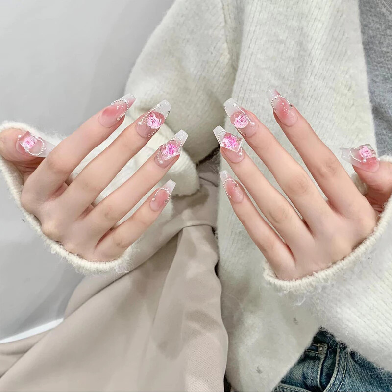 Handmade French 3D Full Of Diamond Bow False Nail Long Coffin Press On Nail Set
