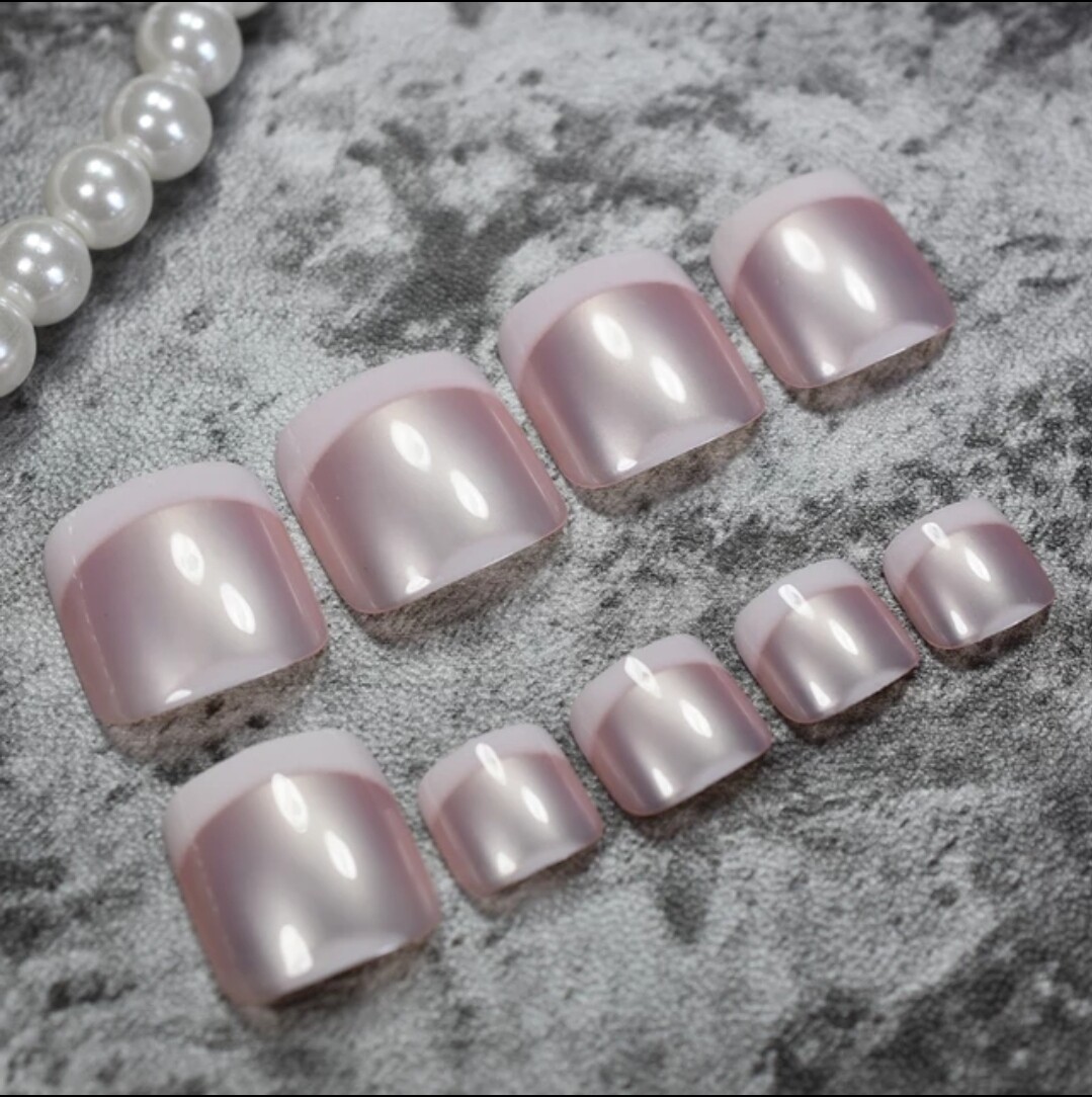 24 Silver Pink Chrome Toe nail press on nails kit w glue mirror shiny white