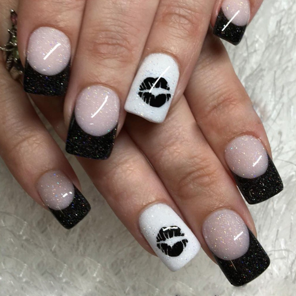 24pcs-Black Glitter French Press on Nails, Short Square Kiss Lips Fake Nails