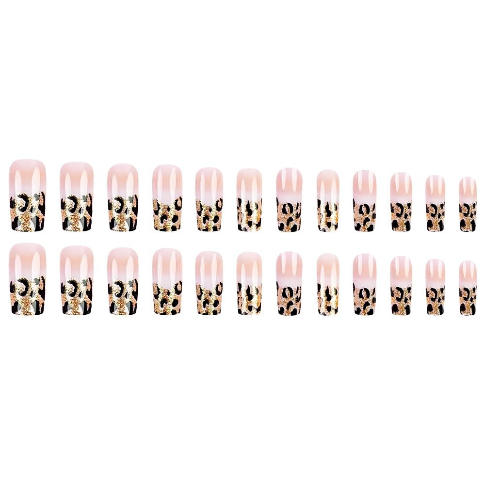 Leopard French Tip Press on Nails Medium Gold Glitter Fake Nails Square False…