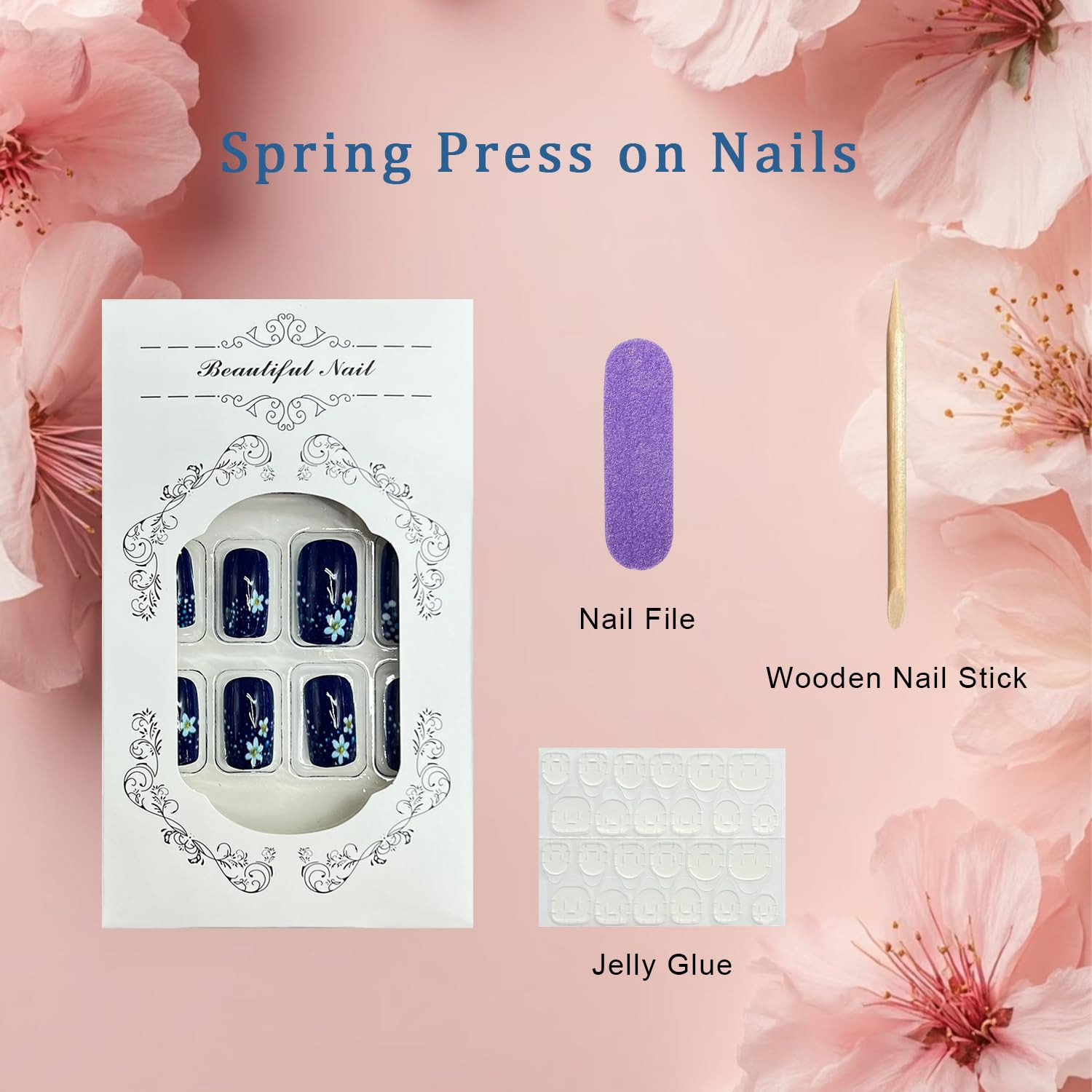 Blue Press on Nails Medium Square Fake Nails with White Flower Design Summer Spr