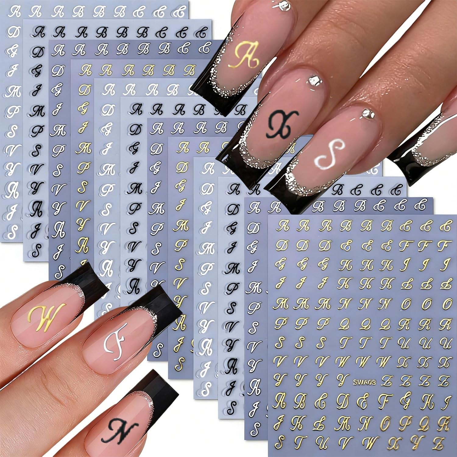 12 Sheets Letters Nail Stickers for Nail Art 3D SelfAdhesive Gold Silvery Eng…