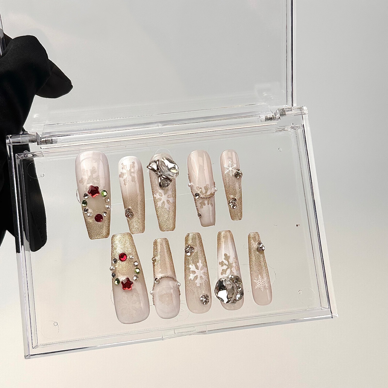Christmas Glitter Press On Nails Long Coffin Gold Snowflake Rhinestone Set