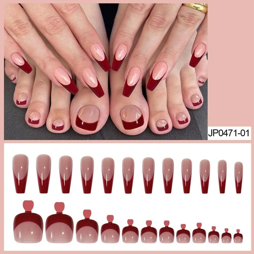 48pcs Red Press On Nails Detachable Square Finger and Toes Set False Nail Tips