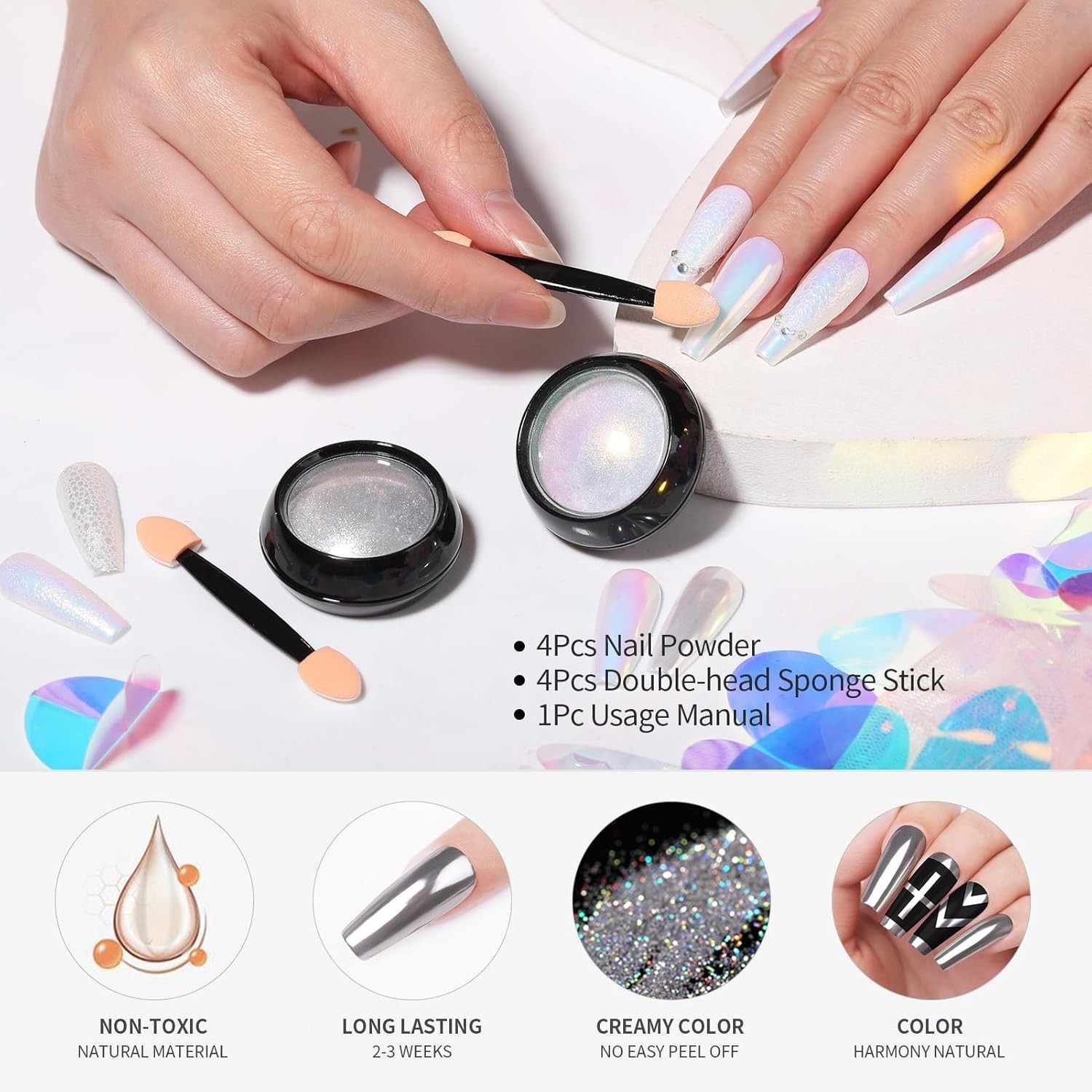 4 Boxes Metallic Mermaid Pearl Nail Powder – Versatile for Gel and Acrylic Nails