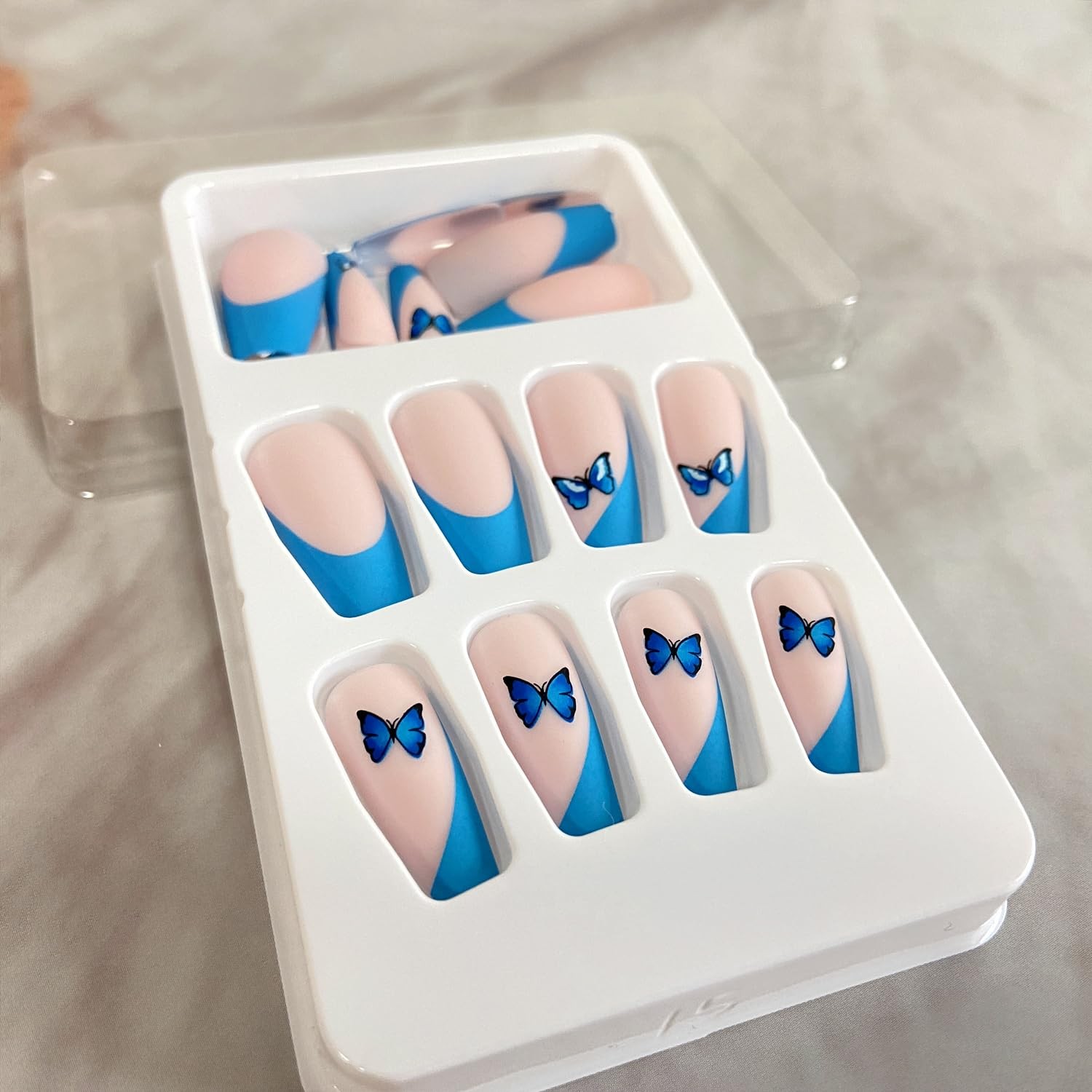 Blue French Tip Press on Nails Square Medium Length,Full Cover Reusable Coffi…