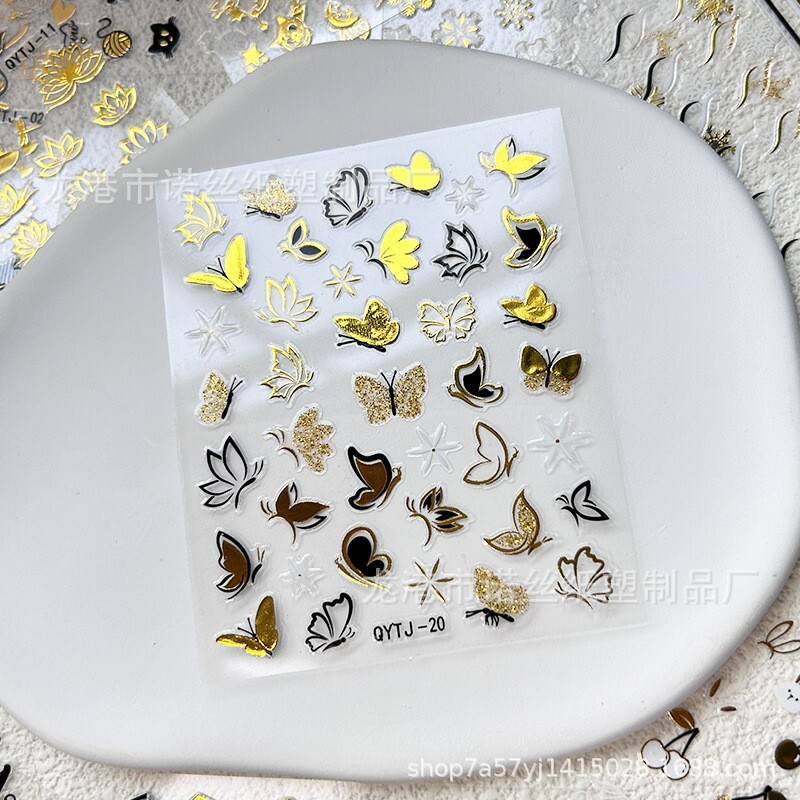 20 Sheets Gold Black Metallic Flower Leaf Butterfly Rose Maple Nail Art Stickers