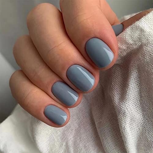 Square Blue Fake Nails – Full Cover with Glossy Gray-Blue Glossy