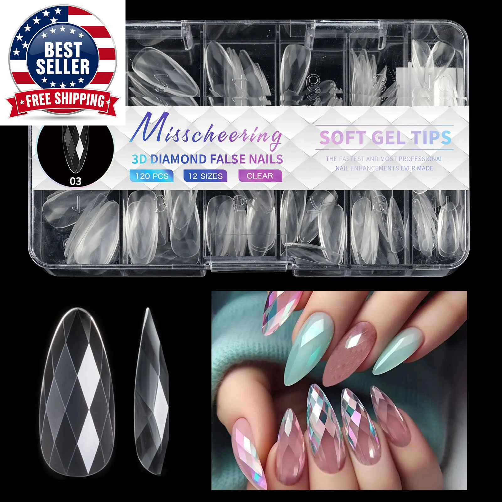 Diamond Shaped 3D Almond Nails Transparent Non-Marking Frosted Square Oval Weara