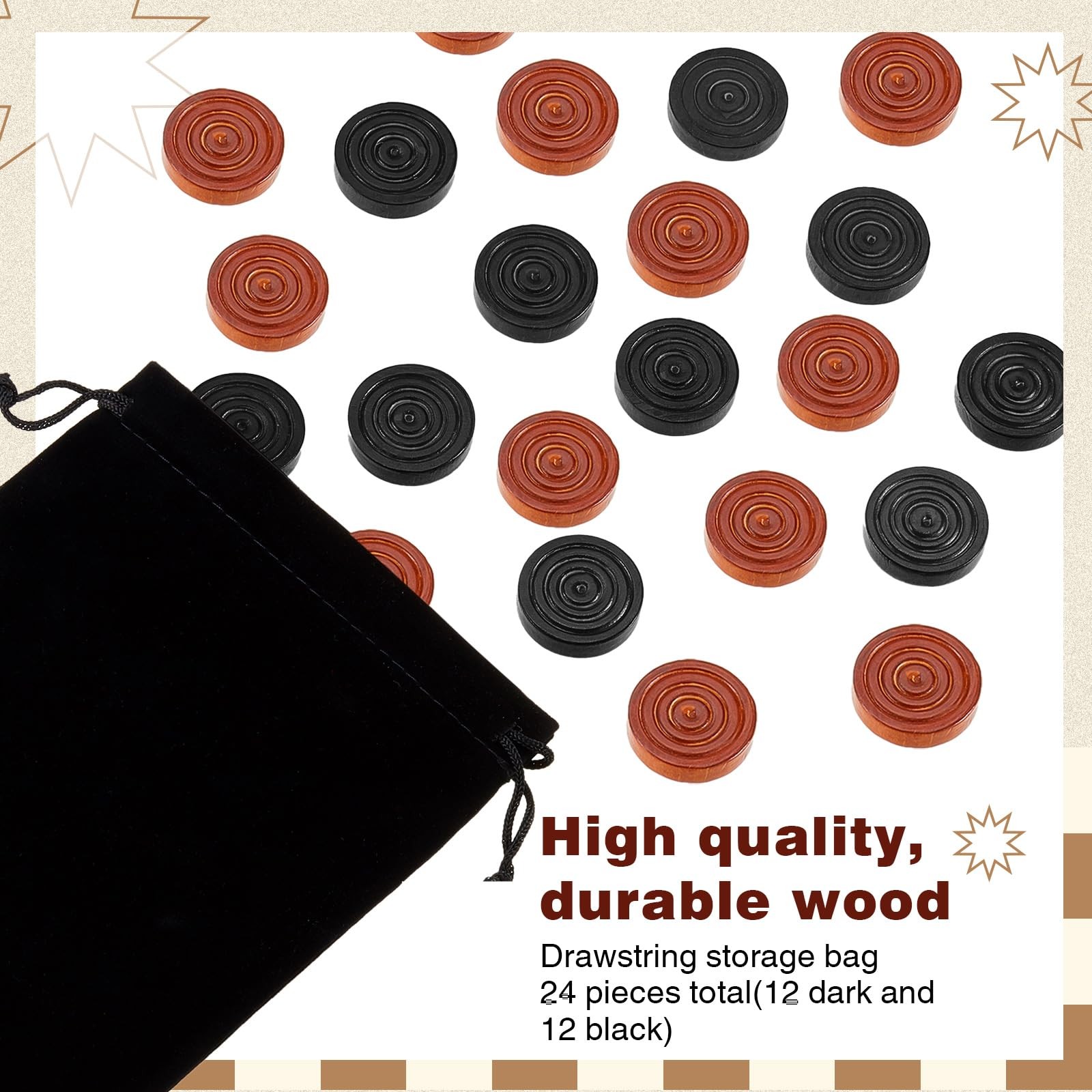 Sumind 24 Pieces Wooden Checkers 1.06 Inch Wood Inches, Brown and Black