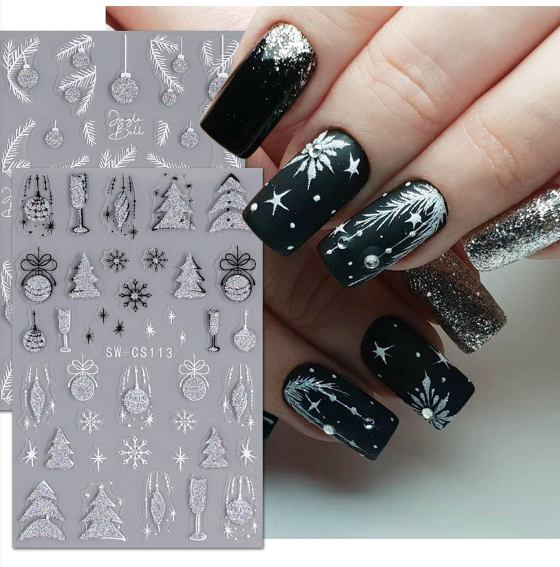 3D Glitter Christmas Snowflake French Feather Nail Art Sticker Manicure DIY NH22