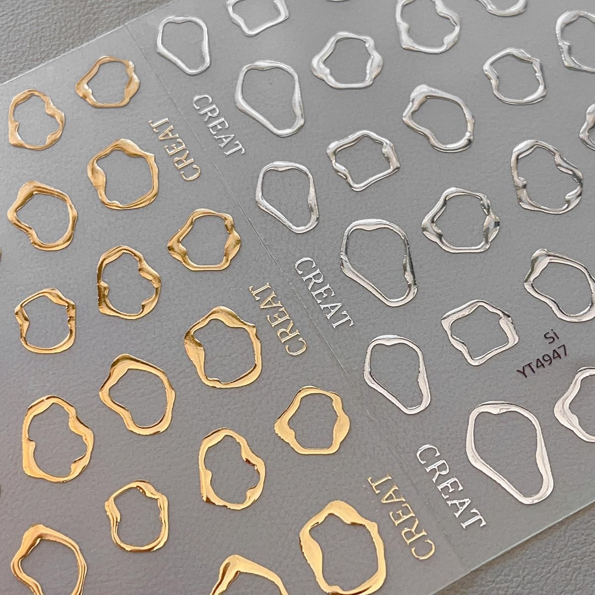5D Embossed Metal Nail Art Stickers, 4Sheets Gold Silver Irregular Multicolor