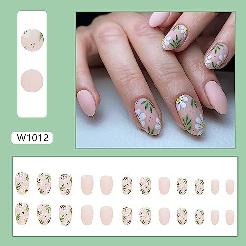 Flower Press on Nails Short Length, Oval Short Nude White Floral Green Leaf