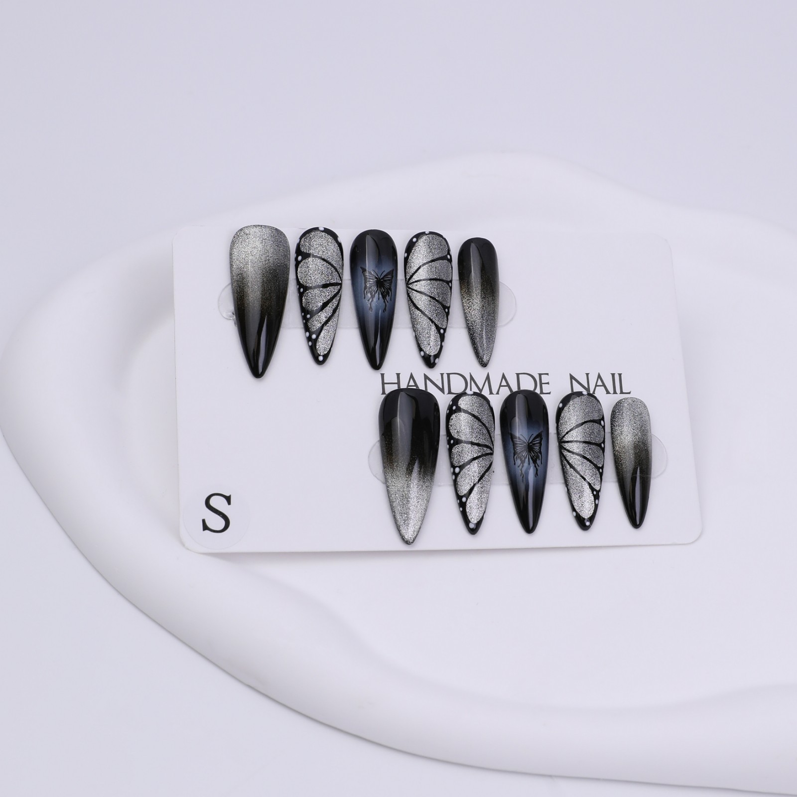 Press On Nails Long Stiletto Black Silver Butterfly Wing Glitter Gothic Nail Set