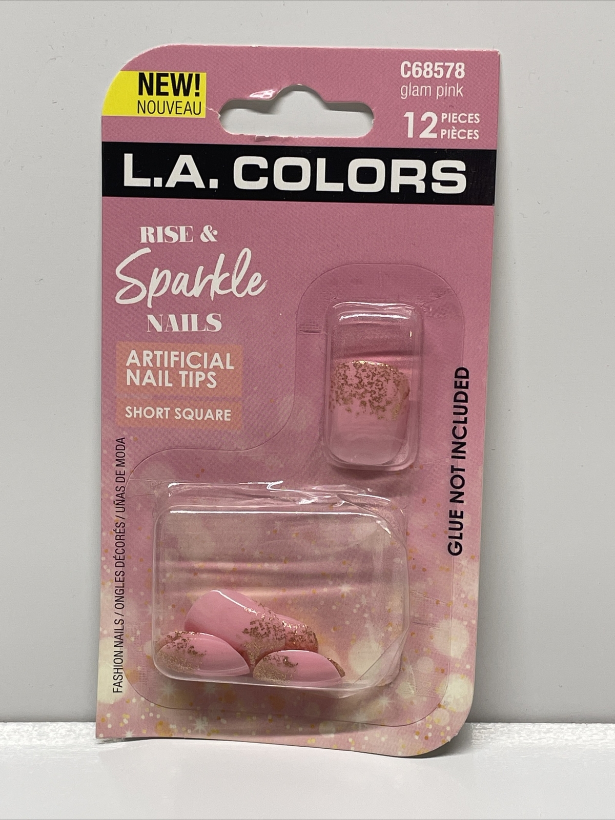L.A. Colors Rise & Sparkle Nails Artifical Nail Tips Glam Pink Gold Short Square