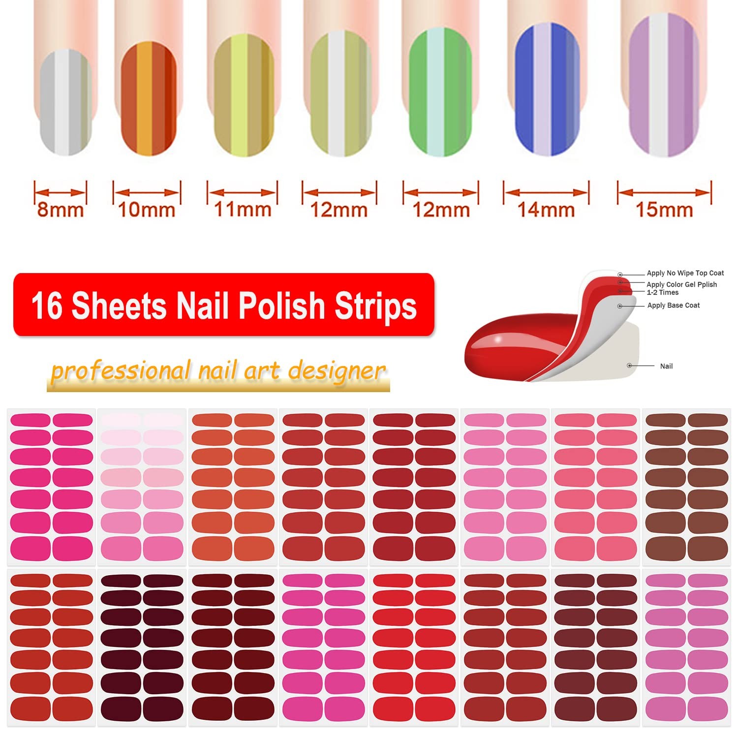 16 Sheets Red Nail Polish Stickers Full Nail Wraps Self Adhesive Solid Color …