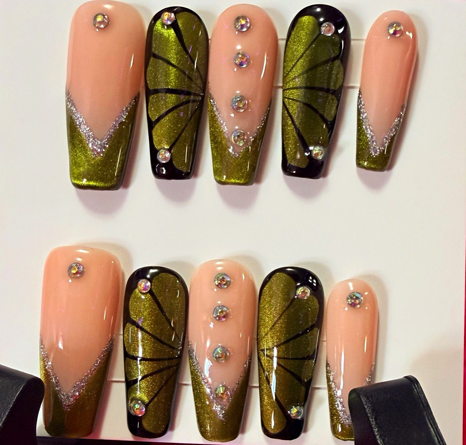 Green/Nude/Black/Silver Butterfly Coffin Press-On Nails, Long Shiny Full Cover