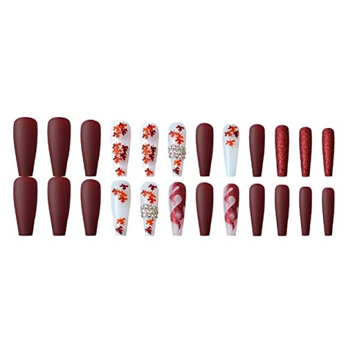 Hkanlre Red Coffin Long Fake Nails Bling Rhinestones 24PCS for Women & Girls
