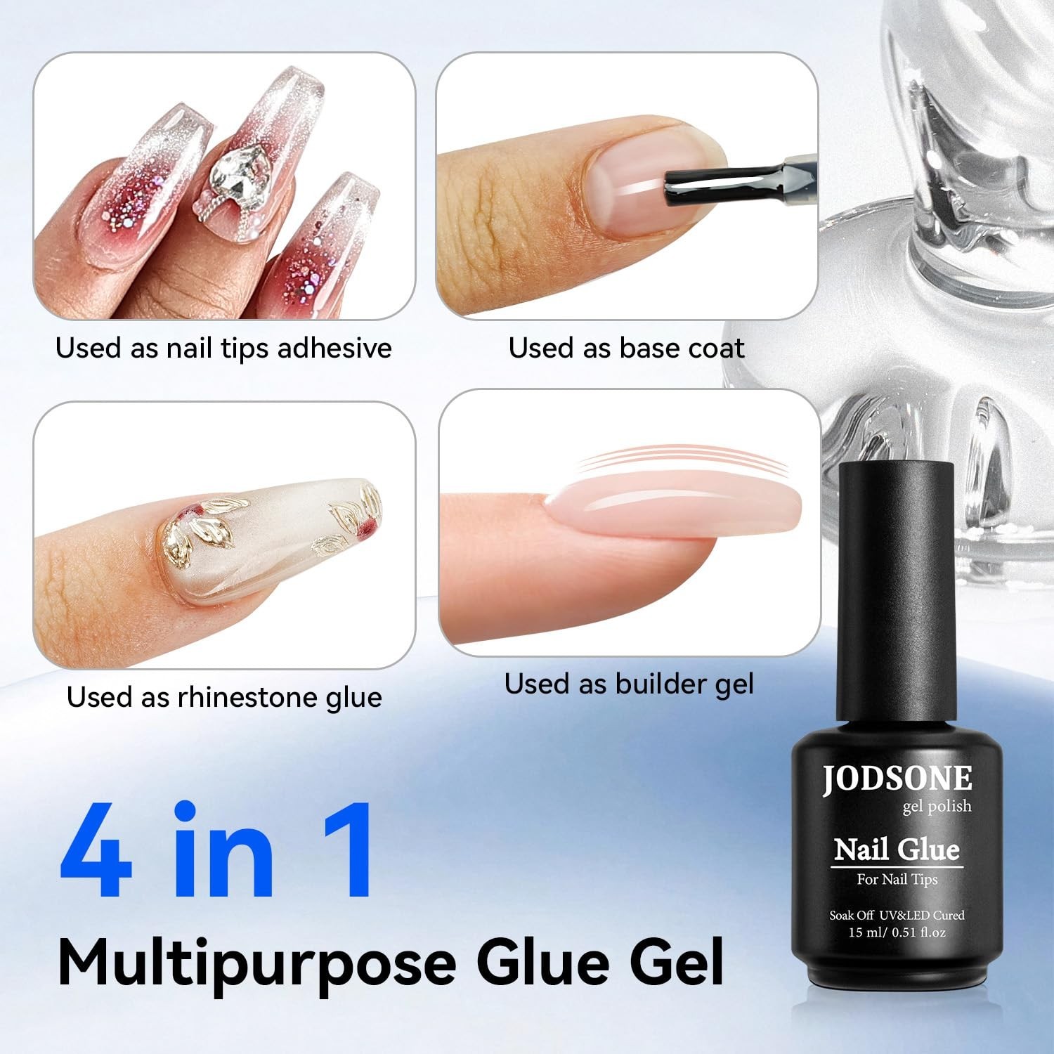 15ml Nail Glue Gel 4 in 1 for Nail Tips Long Lasting Extension Glue for Clear Na