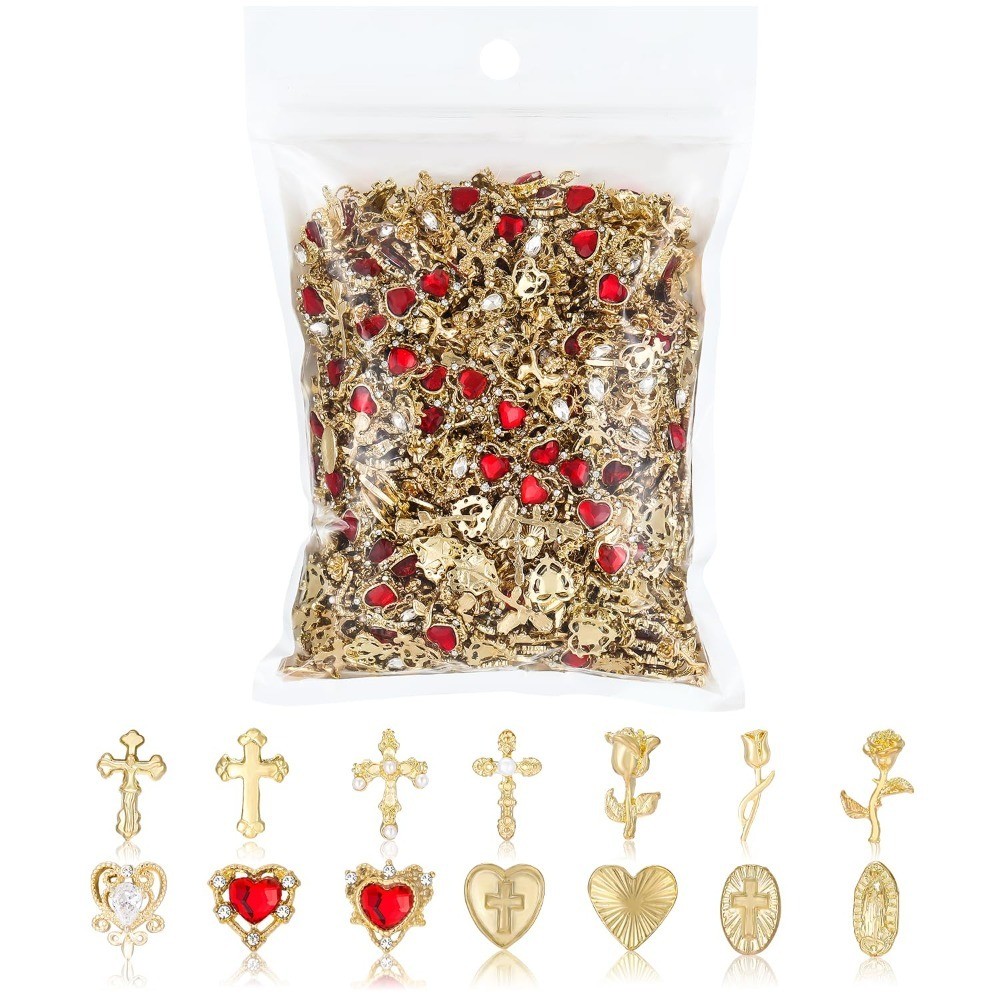 128PCS Gold Nail Charms Set with Rhinestones Gems Rose Hearts Cross and Virgin