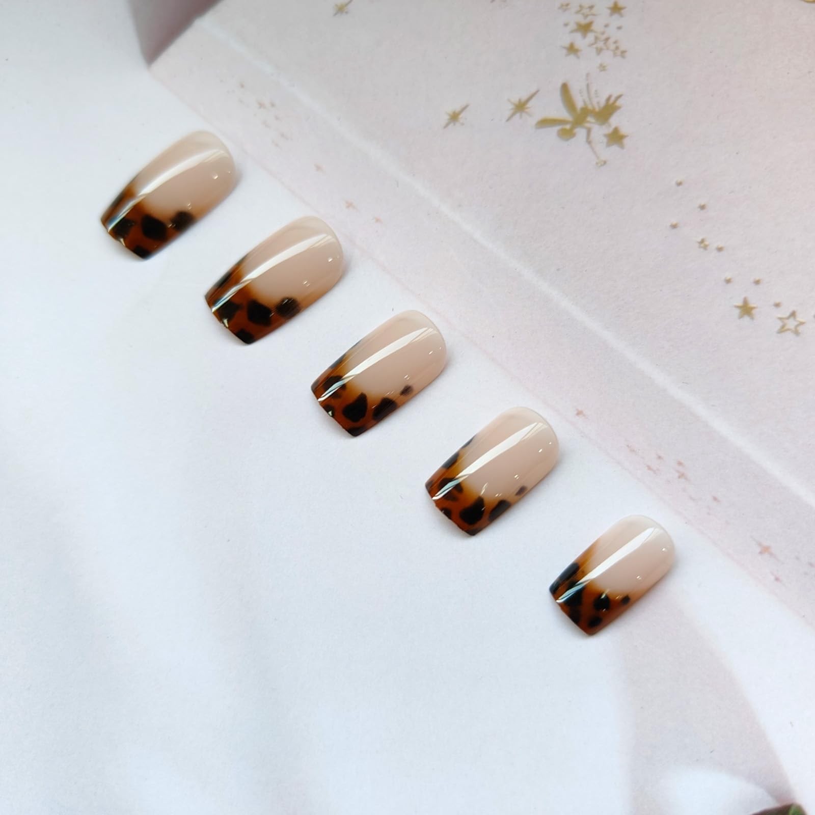 French Tip Press on Nails Medium Square Fake Nails with Leopard Print Designs…