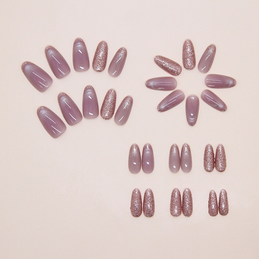 Cat Eye Press On Nails Purple Medium Almond False Nails with Glitter 30