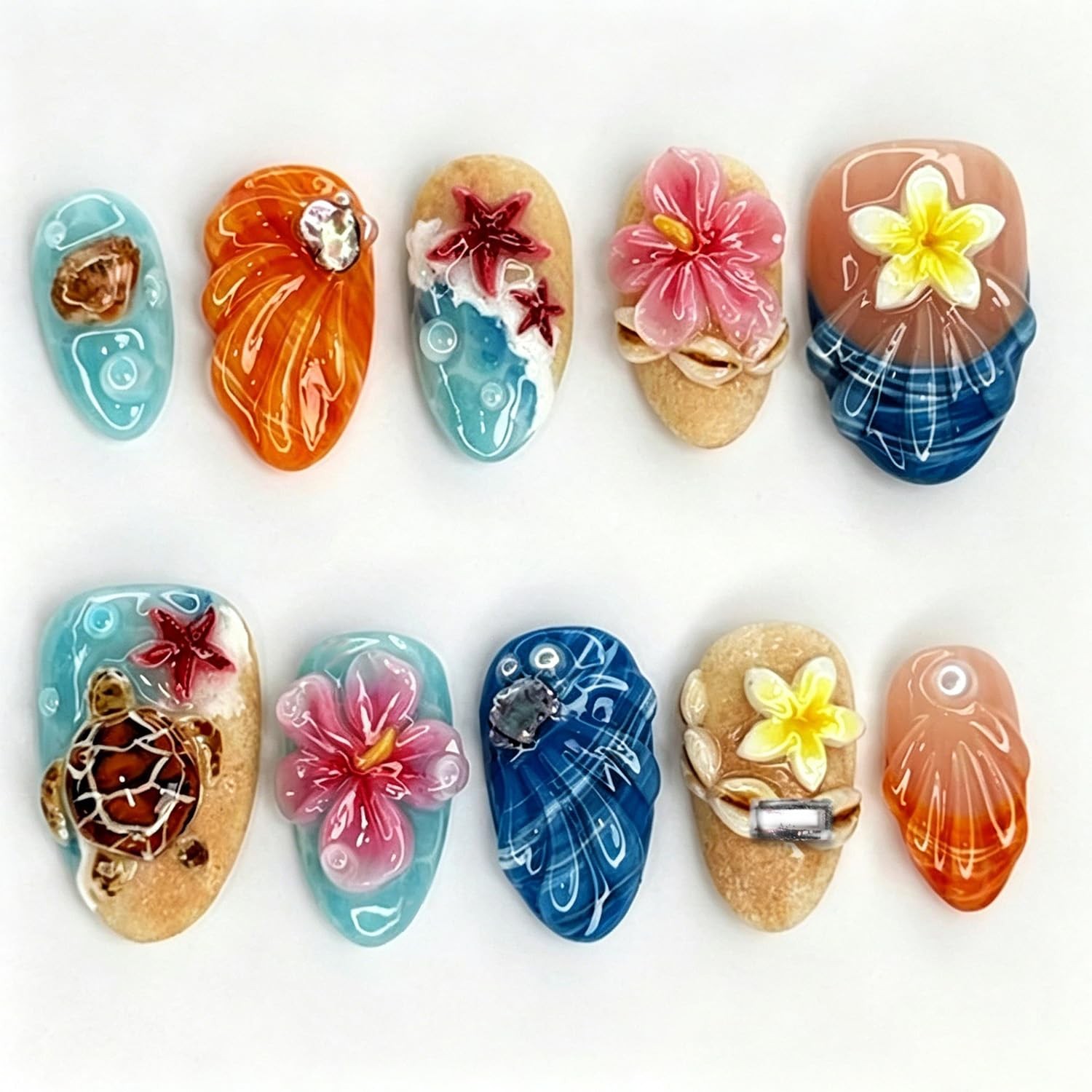 KRTBKR 30pc short almond press on nails, turtle hibiscus