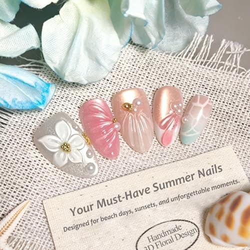 24Pcs Beach Press on Nails – Extra Short Almond Fake Nails – 3D Flowers Starfish