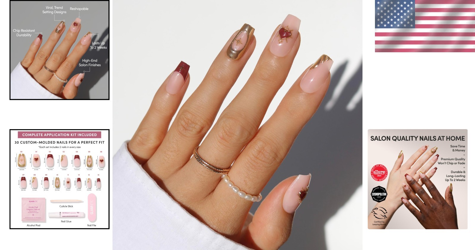 15 Sizes Queen of Hearts Nail Set – Gold Metallic, Red Tips