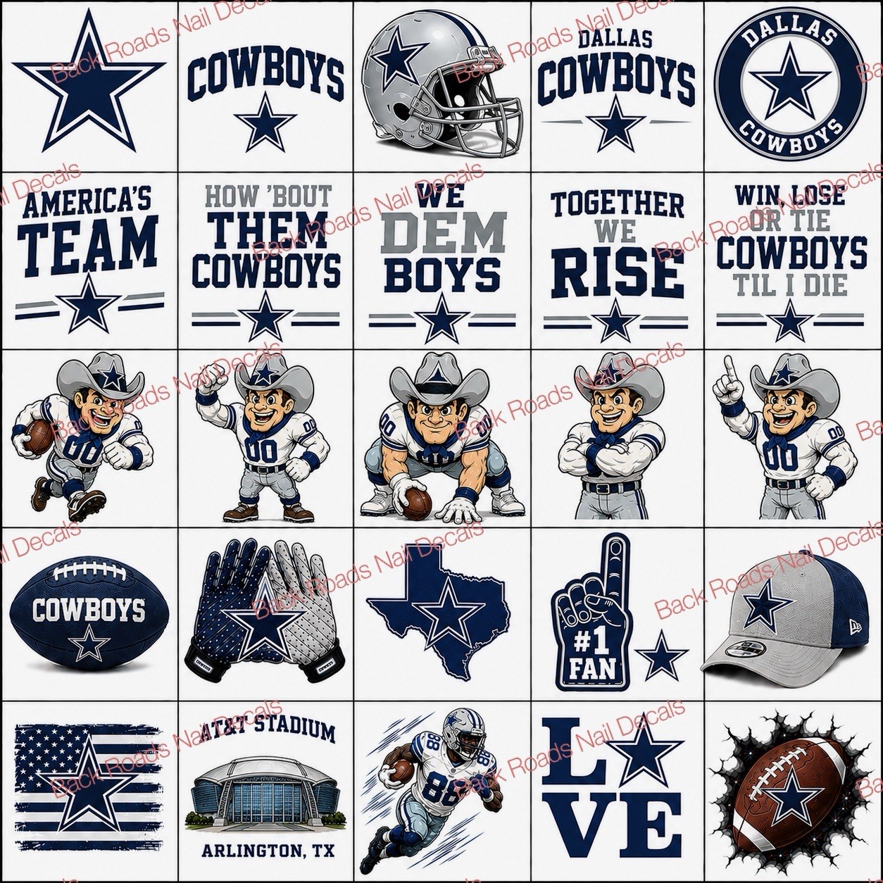 Dallas Cowboys Football Nail Decals Clear Waterslide Transfer Set of 50