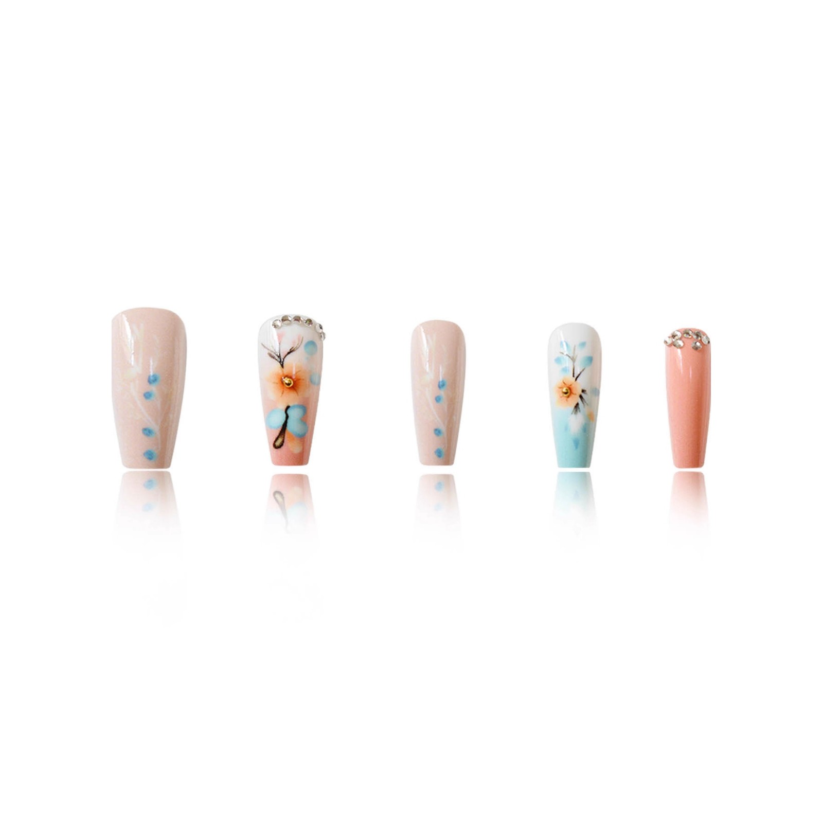 24PCS Sweet Cool 3D Floral Coffin Rhinestone Contrast Ballet Short Press On Nail