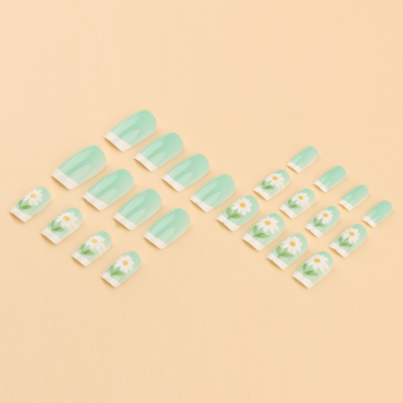 48p Short Square Press on Nails, Mint Green French Hand Paint Daisy Summer Nails