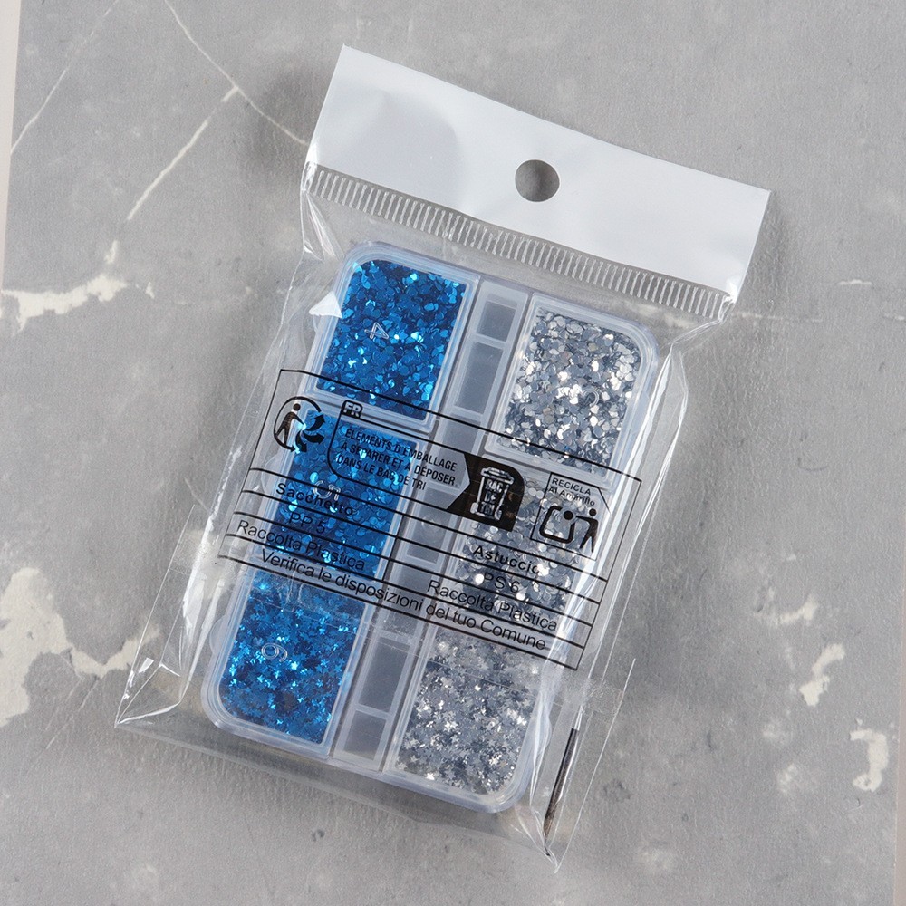 6Grids 1mm Mini Silver Blue Nail Glitter Sequins Mix Heart Star Flakes for Nails
