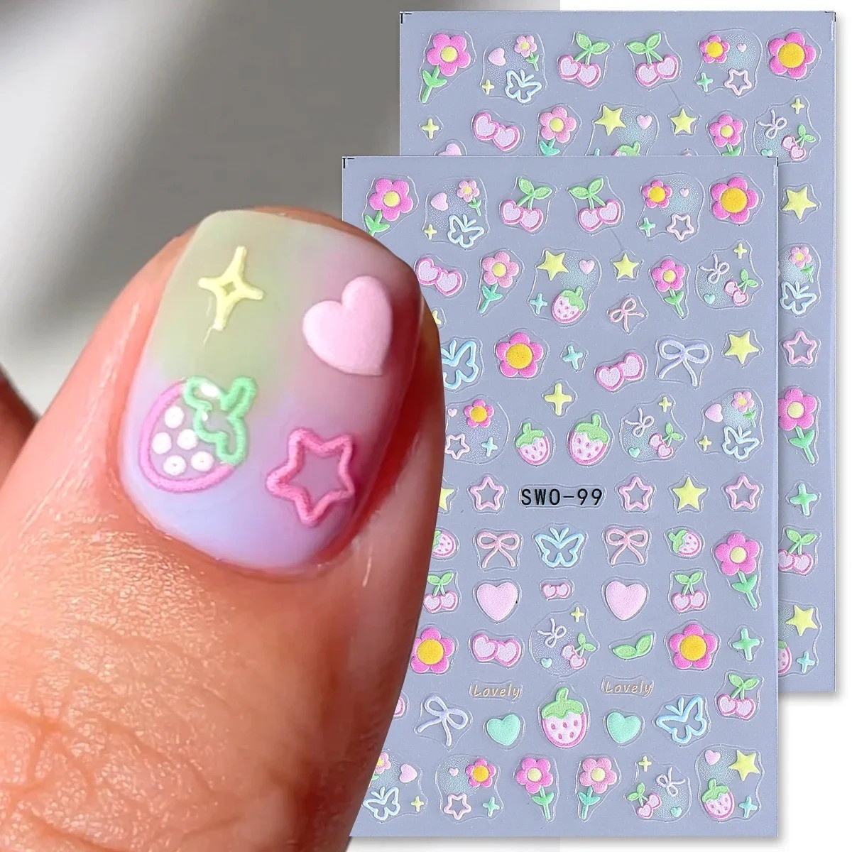 2PCS Sweet Element Nail Art Stickers Simple Flower Heart Cherry Strawberry Kawai