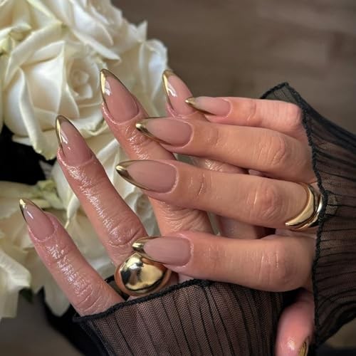Chrome Gold French Tip Press on Nails Short Almond, Natural Nude almond gold