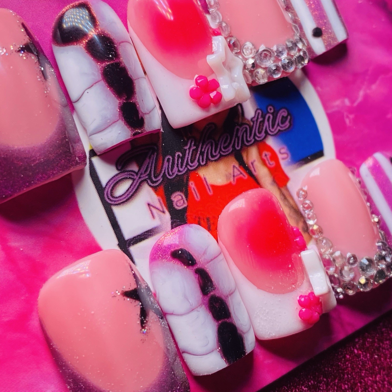 Square Press-On Nails Pink Black 3D Shiny Star by Authentic Nail Arts