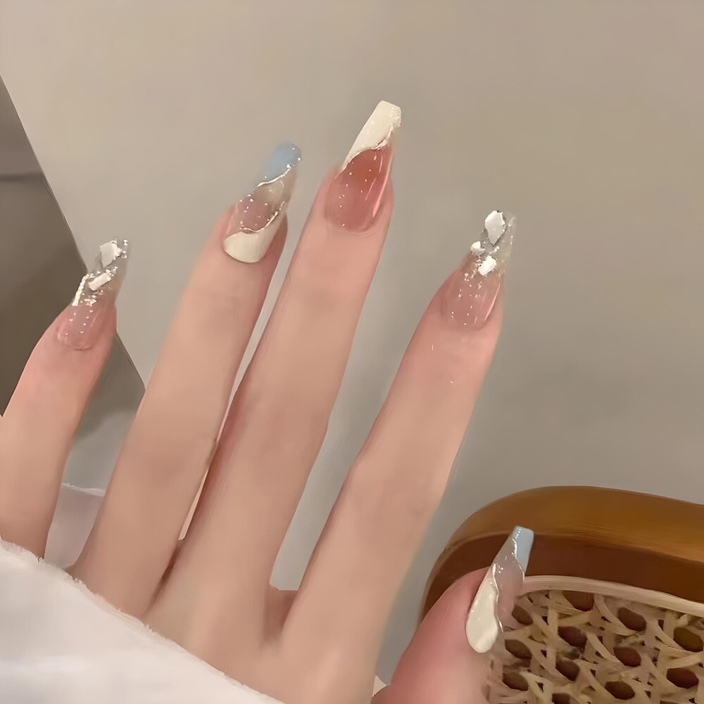 Long Milky Blue Removable Nail Patch Set (Glue-Style)