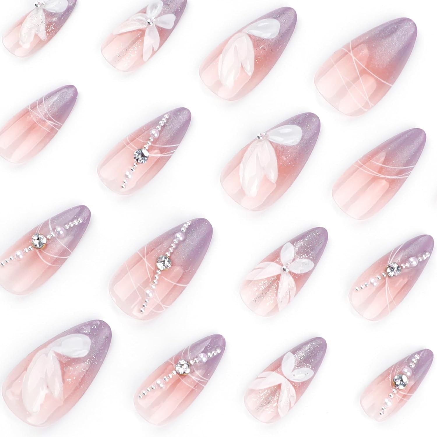 Full Cover Almond Press On Nails Purple with Easy Application and Reusable Glue
