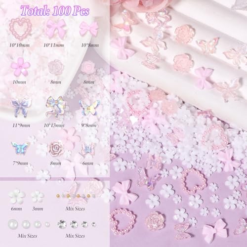 1000 Pcs White Flower Nail Charms, 3D Tiny Flowers Charms Set 3-White & Pink