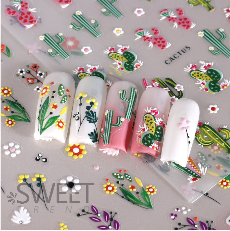5D Embossed Nail Art Stickers Transfers Self Adhesive Mexico Cactus Daisy NS52
