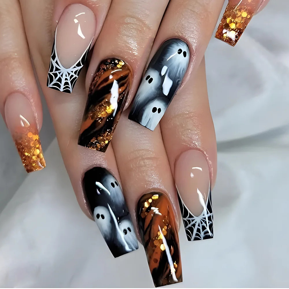 24pcs Halloween Spider Fake Nails French Coffin Full Cover Artificial Nail Tips