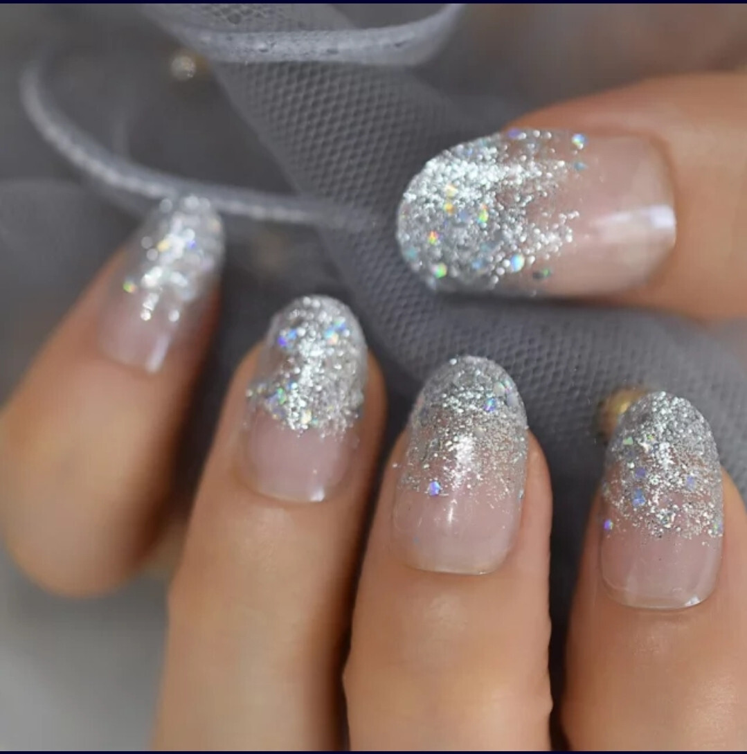 24 Short Press on nails kit w glue Cinderella Ombre silver glitter clear holo